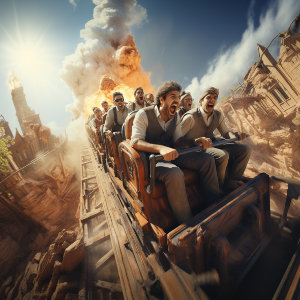Group of men screaming on a wooden roller coaster as an explosion occurs in the background, set against a dramatic, sunlit sky and a dilapidated, Western-themed town, Humor in Crime Thrillers